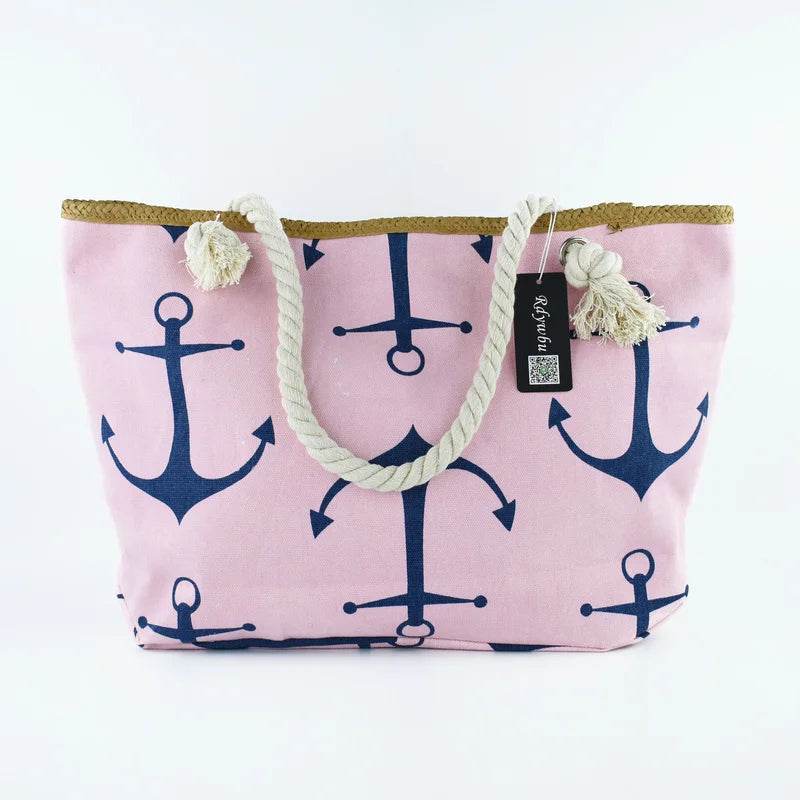 Women Large Capacity Straw Weave Anchor Canvas Beach Tote Bag