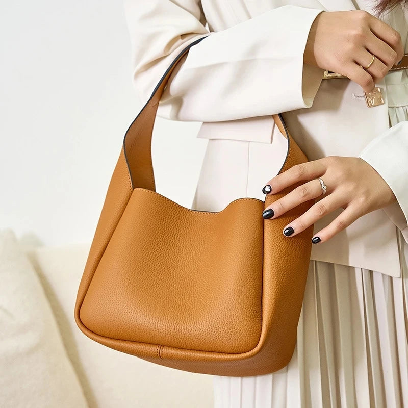 Real Leather Women's Shoulder Bag Handbag First Layer Cowhide Bucket Cabbage Bas