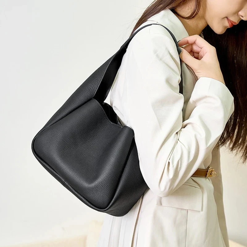 Real Leather Women's Shoulder Bag Handbag First Layer Cowhide Bucket Cabbage Bas