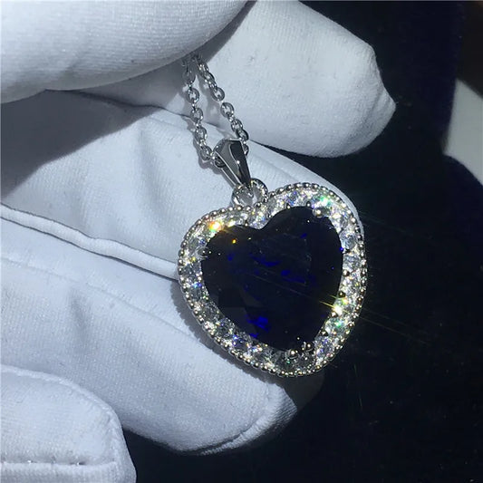 925 Silver Heart of the Ocean Sapphire Pendant Necklace for Women
