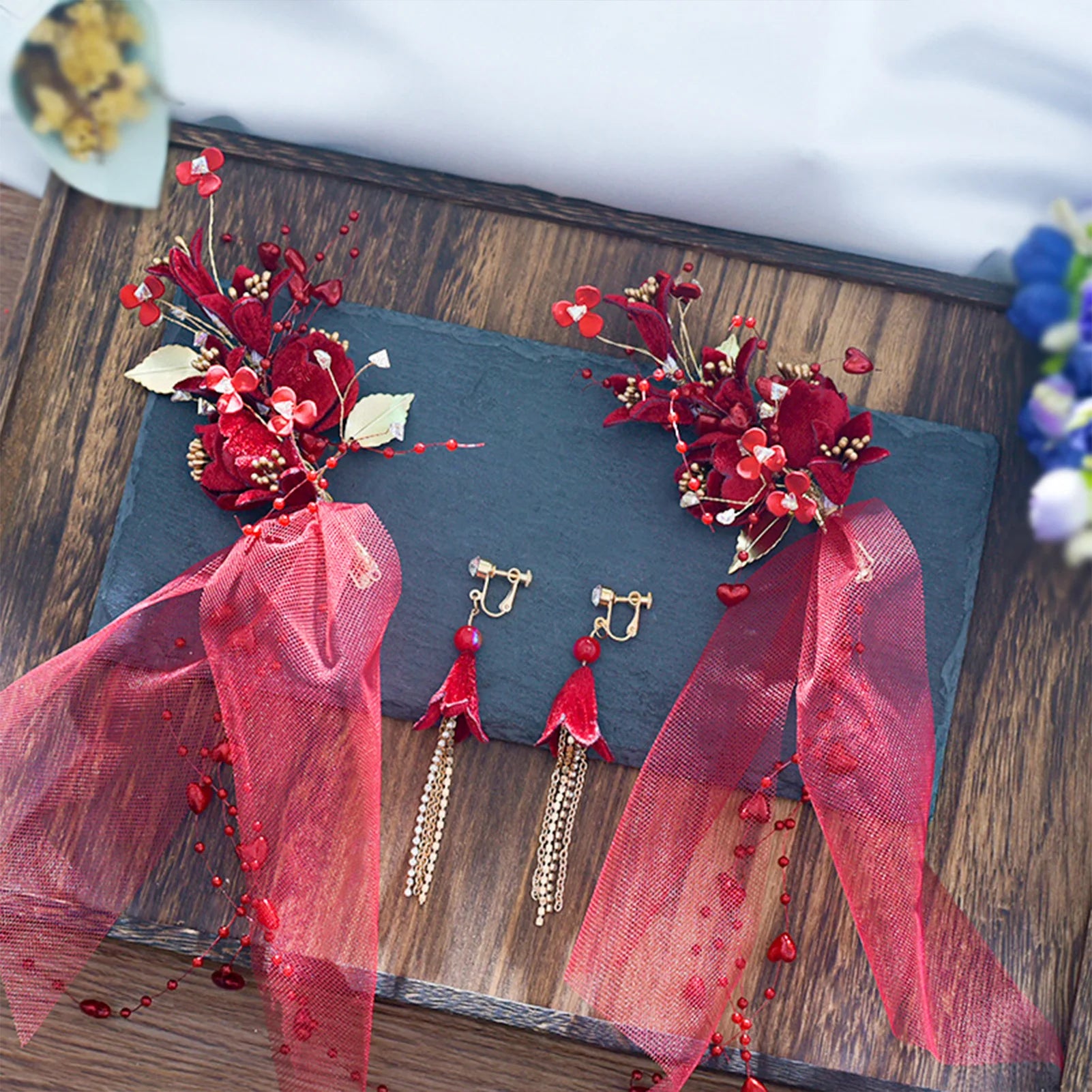Red Flowers Hair Clip & Earring Set for Bridal Wedding