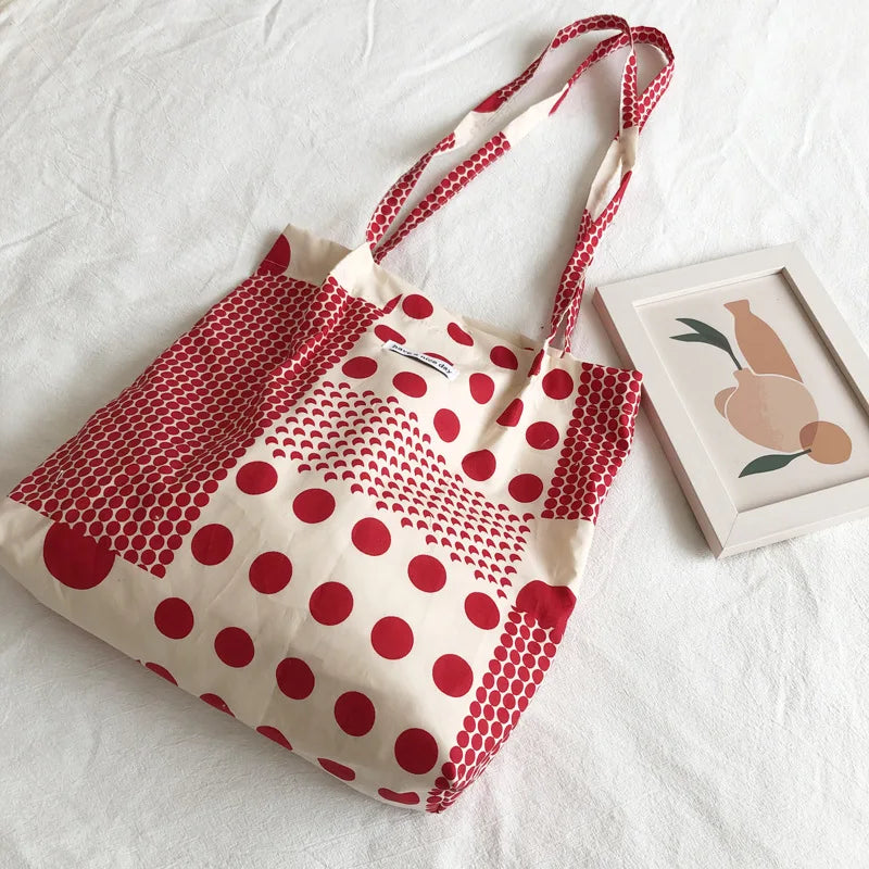 Red Polka Dot Women Shoulder Bag Thin Cotton Linen Large Capacity Handbag