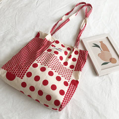 Red Polka Dot Women Shoulder Bag Thin Cotton Linen Large Capacity Handbag