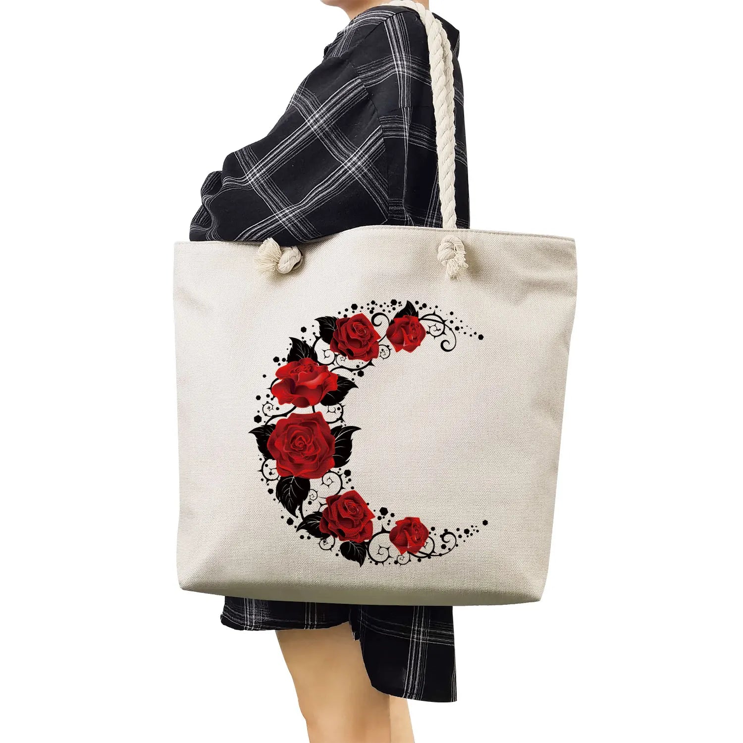 Red Rose Tote Bag Floral Print Women Casual High Capacity Handbag