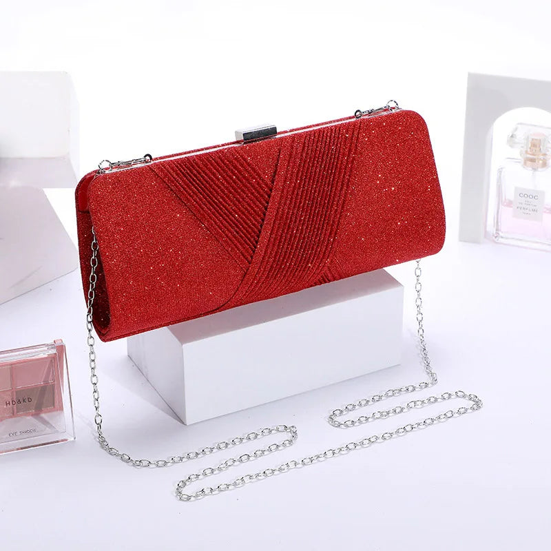 Red Sequined Glitter Envelope Clutch Bag Chain Shoulder Evening Party Handbag