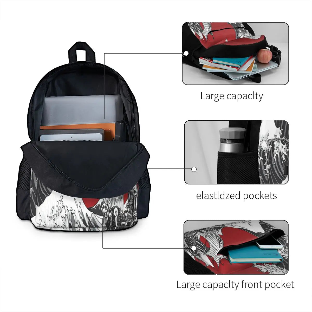 Red Great Wave Backpack Men Women Summer Backpack