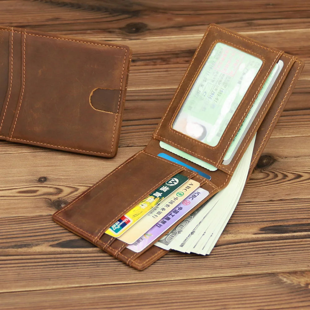 Genuine Leather Men Bifold Wallet Crazy Horse