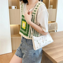 Retro Lace Flower Totes Shoulder Bag PU Leather Handbag for Women