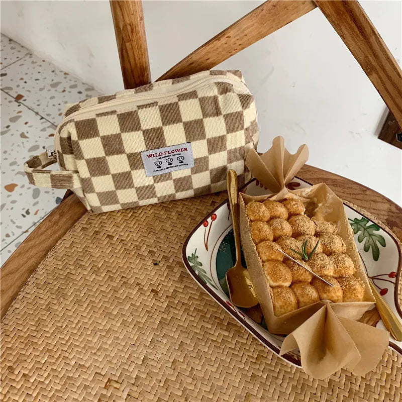 Plaid Corduroy Cosmetic Bag Travel Makeup Pouch