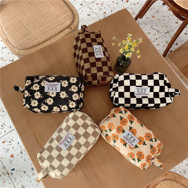 Plaid Corduroy Cosmetic Bag Travel Makeup Pouch