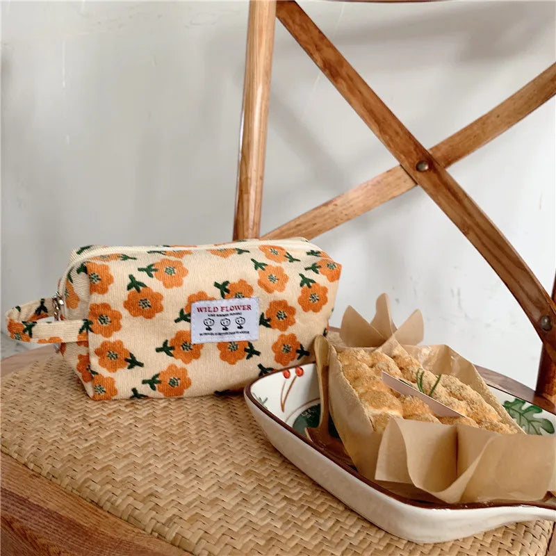 Plaid Corduroy Cosmetic Bag Travel Makeup Pouch