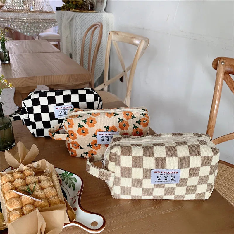 Plaid Corduroy Cosmetic Bag Travel Makeup Pouch
