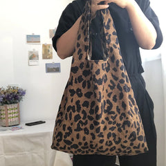 Retro Corduroy Women Shoulder Shopping Bag Leopard Pattern Girls Handbag