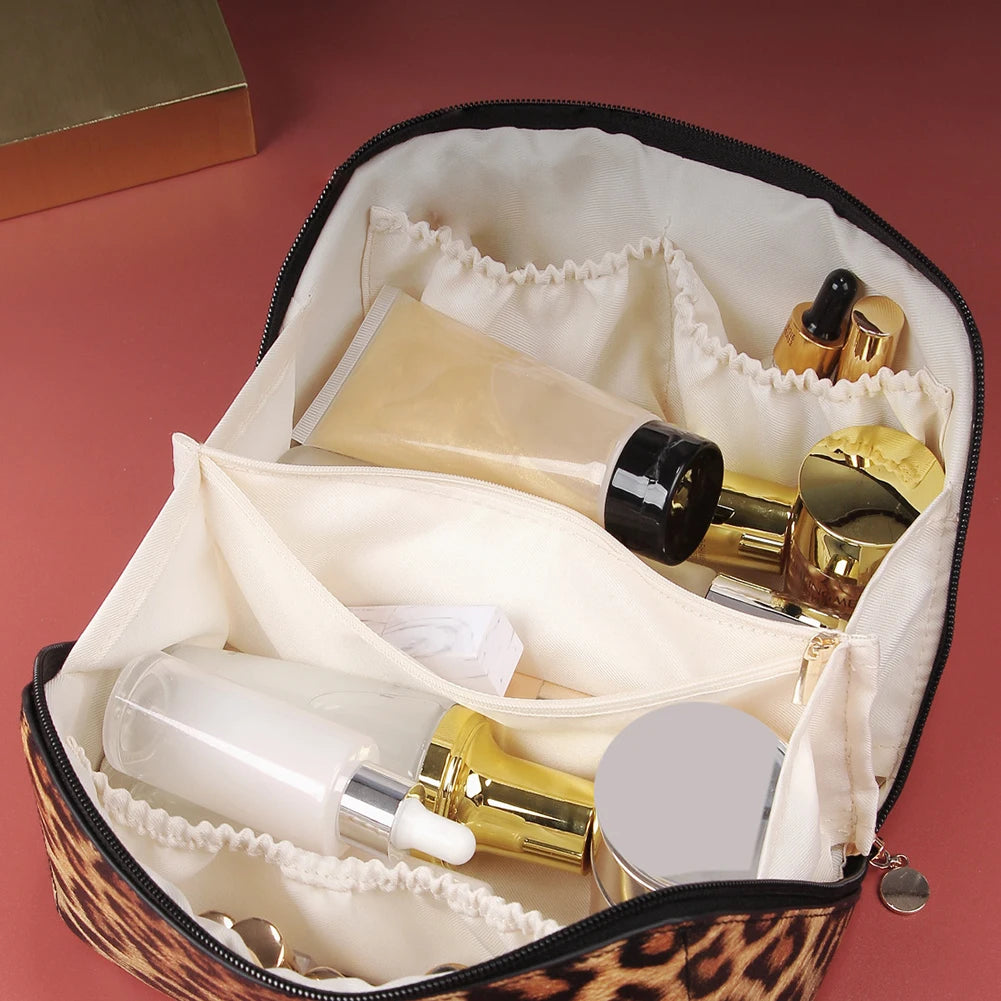 Leopard Print Makeup Bag Large Capacity Soft PU Leather Cosmetic Pouch