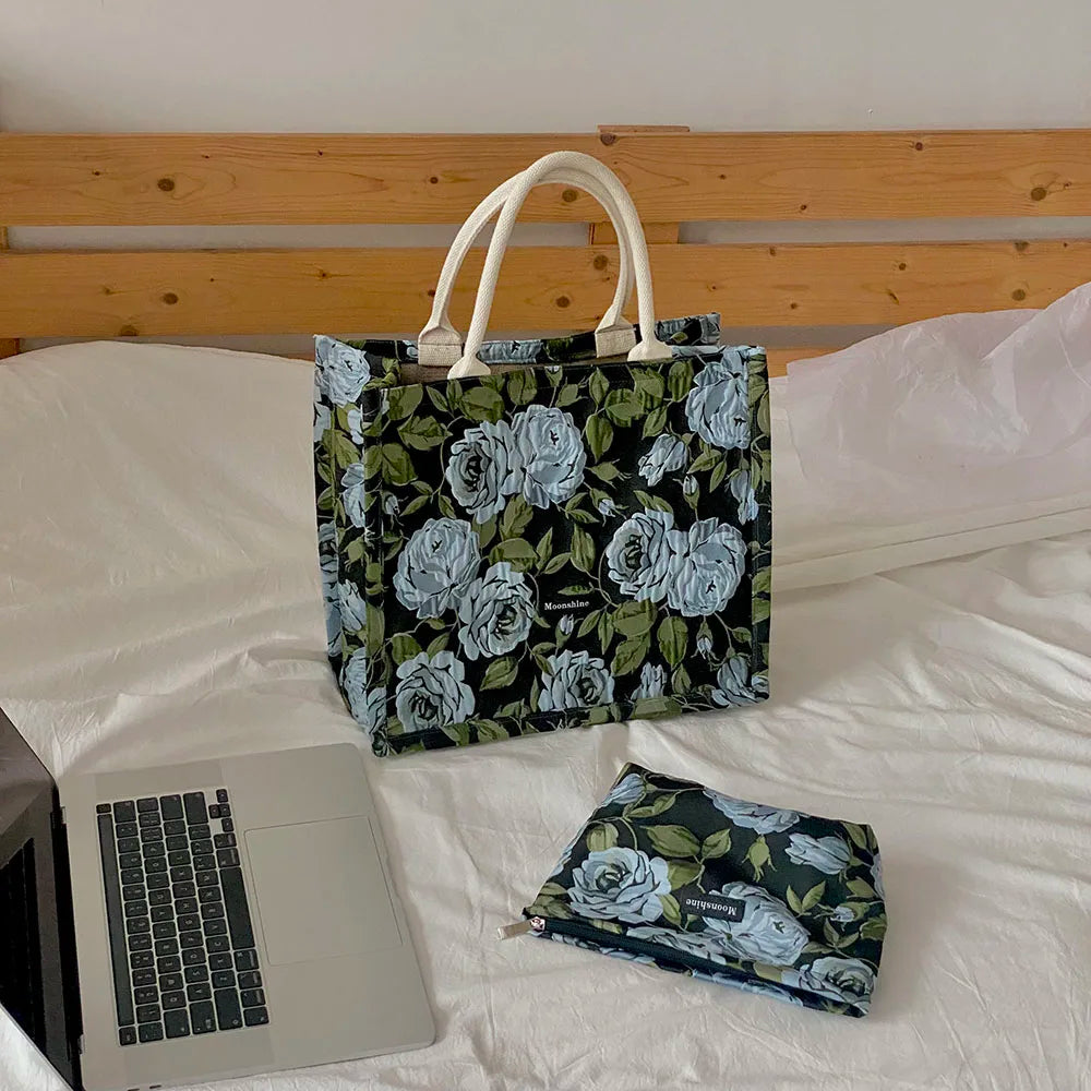 Retro Rose Jacquard Tote Bag Vintage Flower Shopper
