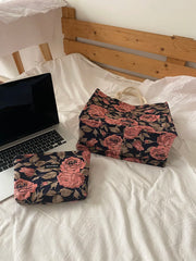 Retro Rose Jacquard Tote Bag Vintage Flower Shopper