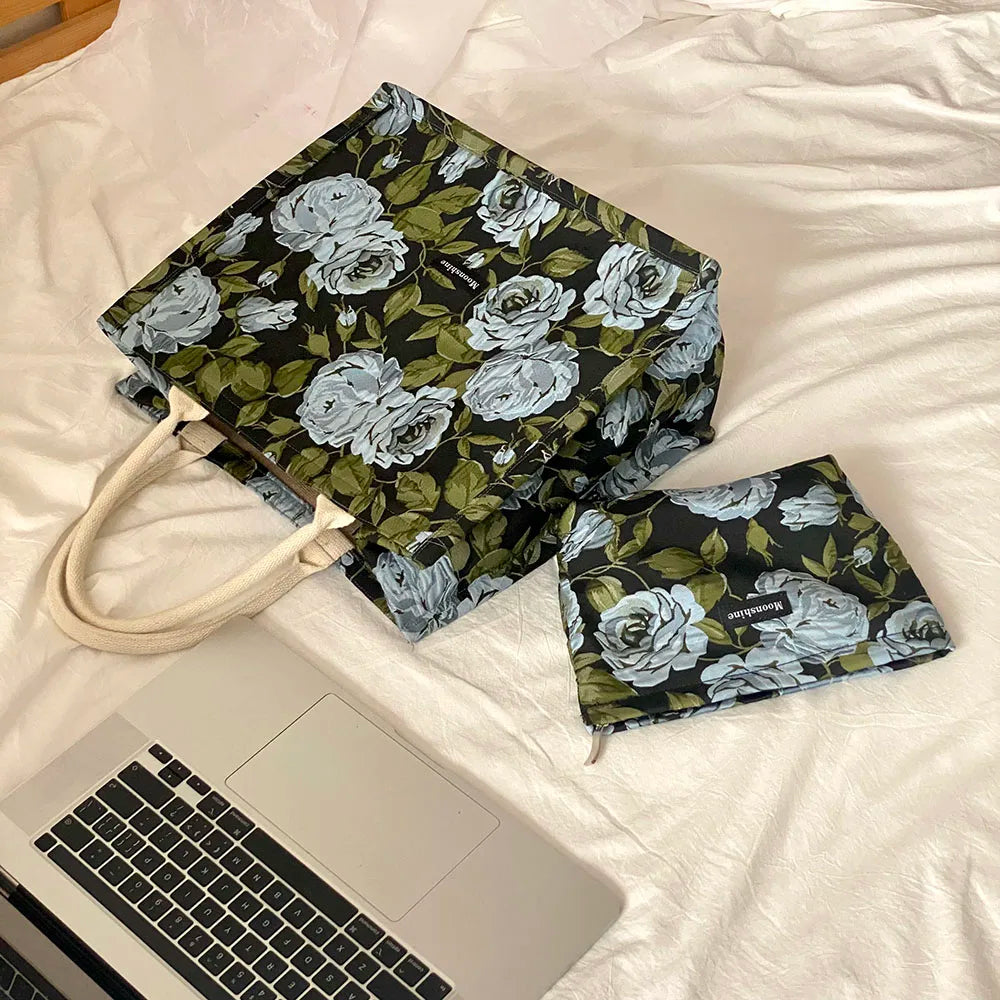 Retro Rose Jacquard Tote Bag Vintage Flower Shopper