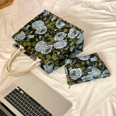 Retro Rose Jacquard Tote Bag Vintage Flower Shopper