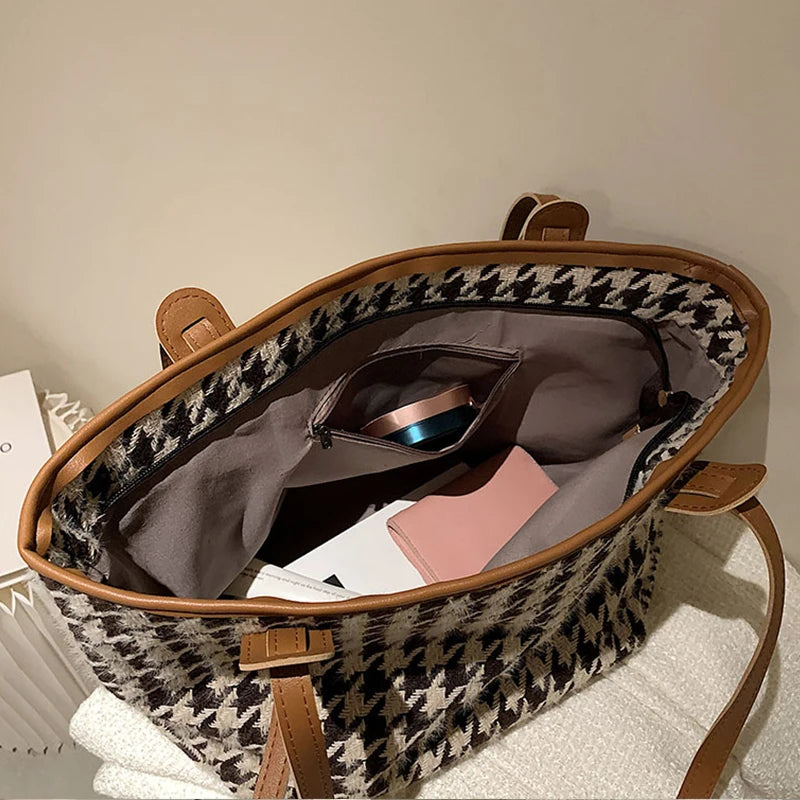 Leopard or Houndstooth Shoulder Bags PU Leather Handbags Tote for Women