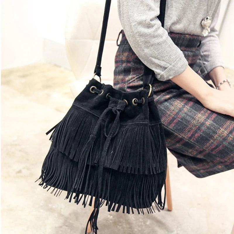 Retro Faux Suede Fringe Women Messenger Bags Tote Handbag