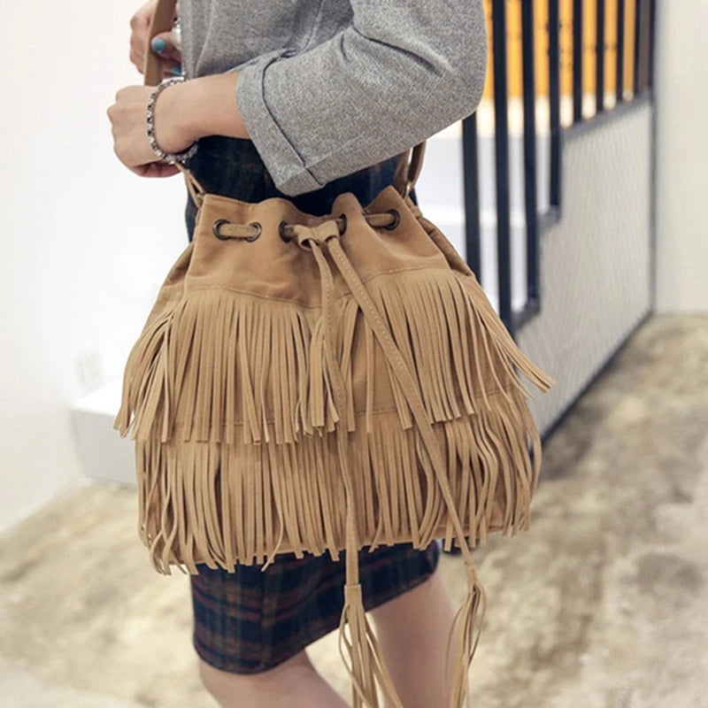 Retro Faux Suede Fringe Women Messenger Bags Tote Handbag