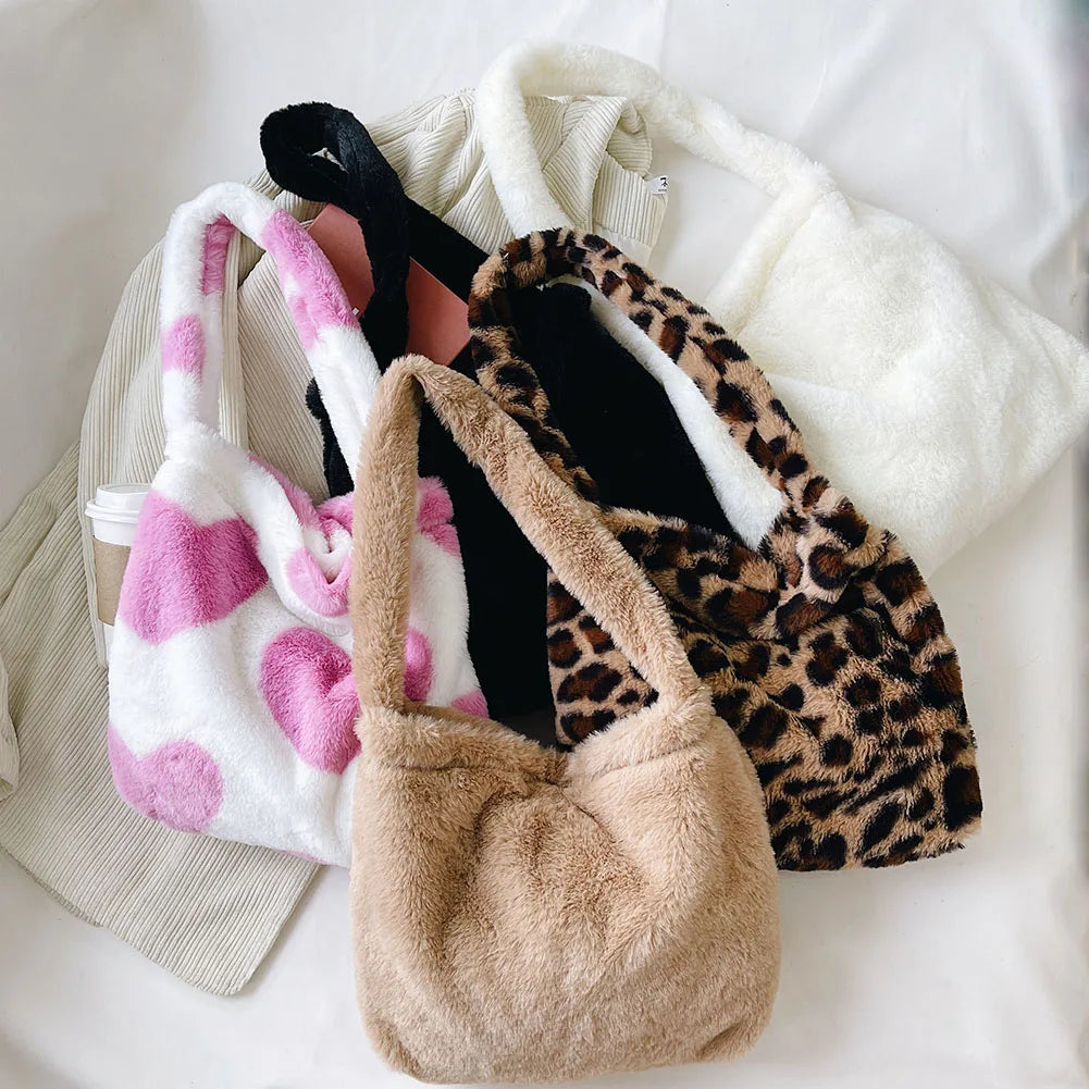 Leopard Print Soft Plush Shoulder Bag Clutch Women Large Capacity Travel Tote