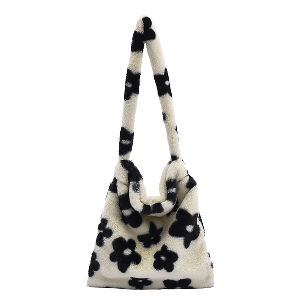 Leopard Print Soft Plush Shoulder Bag Winter Warm Fluffy Tote for Women