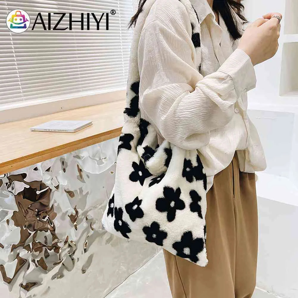Leopard Print Plush Shoulder Bag Large Capacity Winter Tote