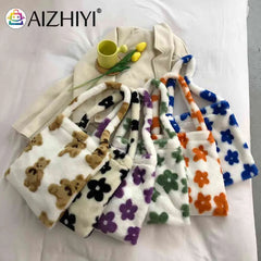 Leopard Print Soft Plush Shoulder Bag Winter Warm Fluffy Tote for Women