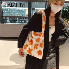 Leopard Print Soft Plush Shoulder Bag Winter Warm Fluffy Tote for Women