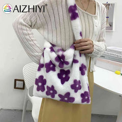 Leopard Print Soft Plush Shoulder Bag Winter Warm Fluffy Tote for Women