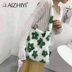 Leopard Print Soft Plush Shoulder Bag Winter Warm Fluffy Tote for Women