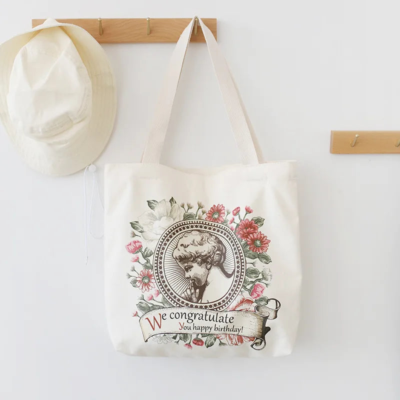 Retro Literary Canvas Women's Shoulder Shopper Bag Large Eco Shopping Tote