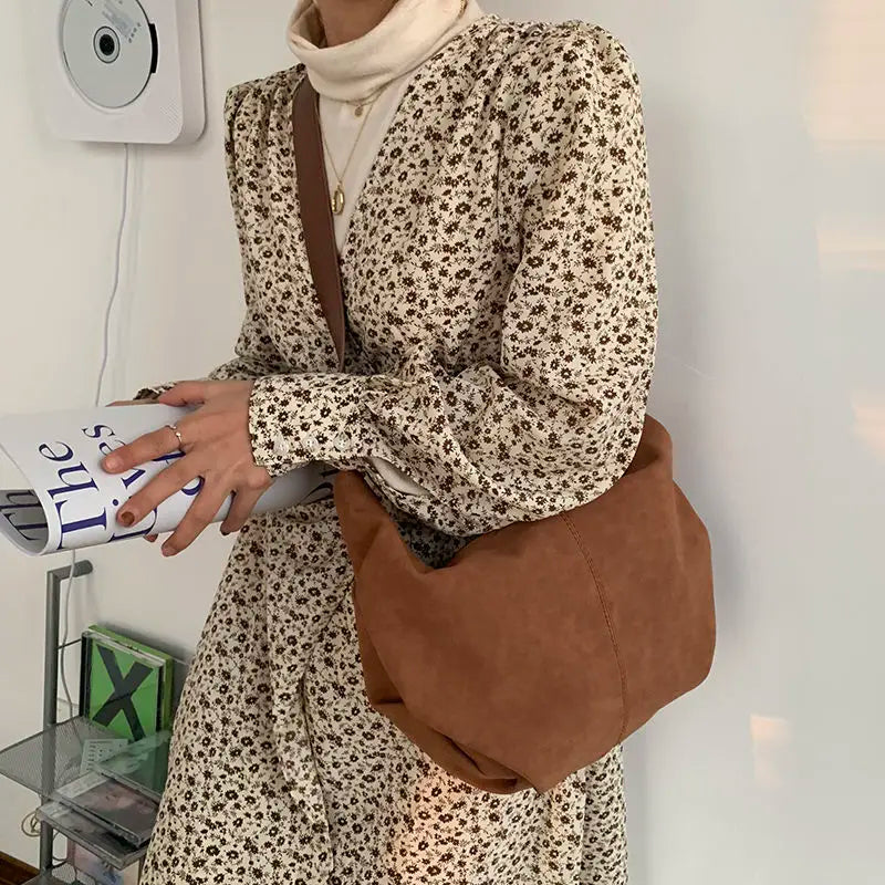 Retro Nubuck PU Leather Women Shoulder Hobos Bag Solid Brown Crossbody Bag