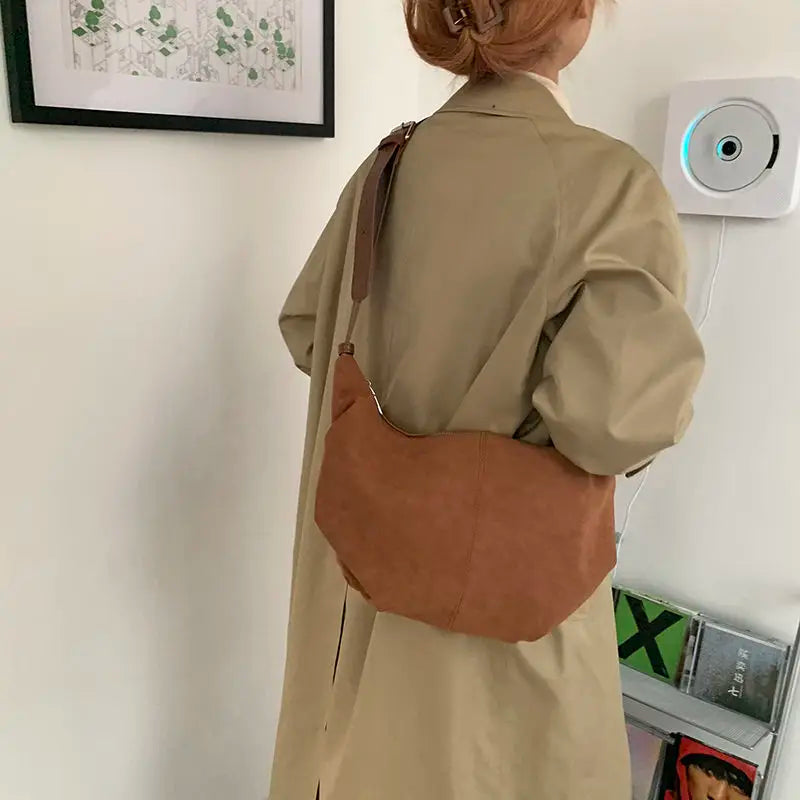 Retro Nubuck PU Leather Women Shoulder Hobos Bag Solid Brown Crossbody Bag