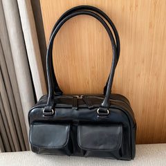 Retro PU Leather Shoulder Handbags Double Pocket Tote Handbags
