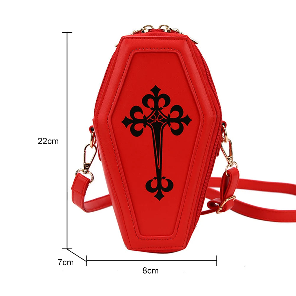 Gothic Crossbody Handbag Coffin Shape PU Leather Messenger Bag for Halloween