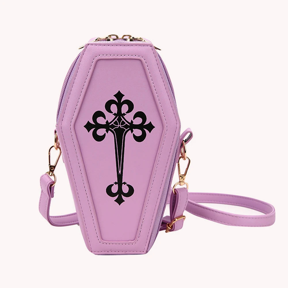 Gothic Crossbody Handbag Coffin Shape PU Leather Messenger Bag for Halloween