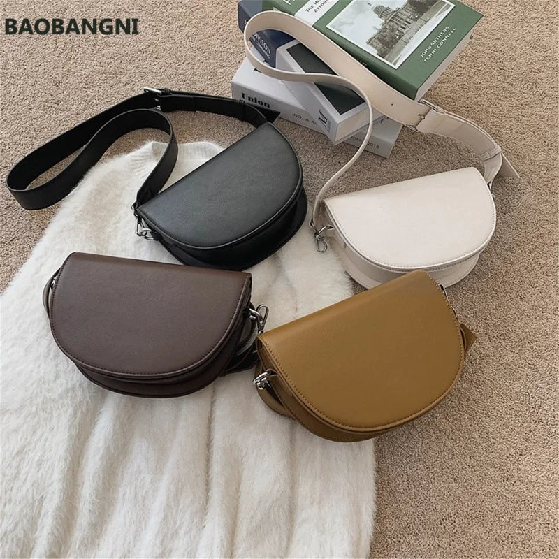 Retro Solid Saddle Bag High Leather Shoulder Bags for Women