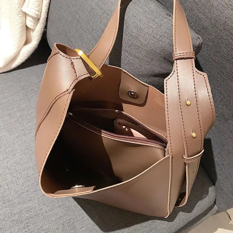 Retro Solid Soft Pu Leather Shouler Bags for Women Bucket Bag