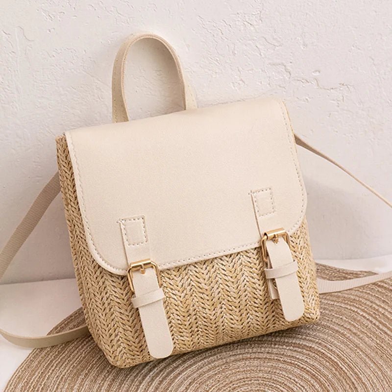 Retro Straw Woven Backpack Women's All-match PU Zero Wallet Satchel