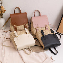 Retro Straw Woven Backpack Women's All-match PU Zero Wallet Satchel