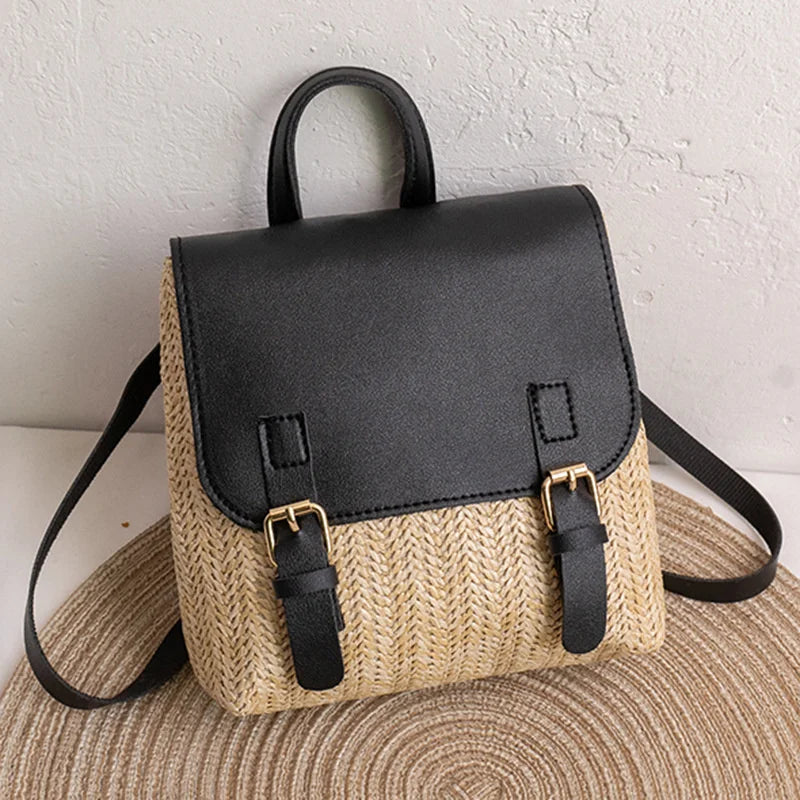 Retro Straw Woven Backpack Women's All-match PU Zero Wallet Satchel