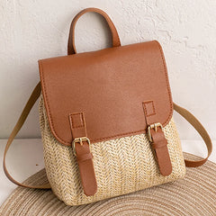 Retro Straw Woven Backpack Women's All-match PU Zero Wallet Satchel