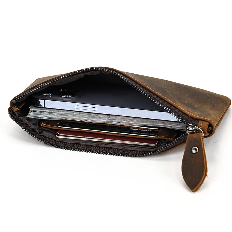 Retro Style Crazy Horse Leather Phone Bag Zipper Wallet Clutch