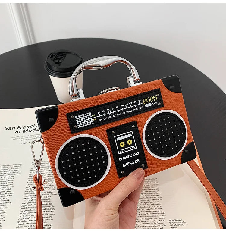 Retro Radio Shape Shoulder Bag Leather Handbag Crossbody Clutch for Women