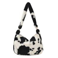Retro Women Plush Shoulder Bag Winter Animal Pattern Tote Purse