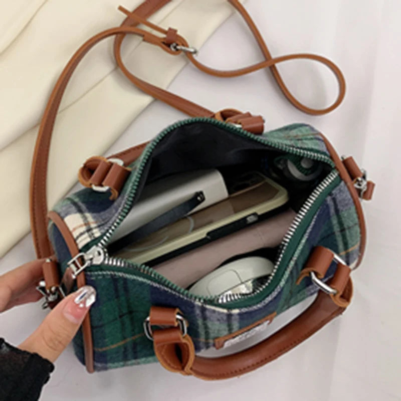 Retro Women Small Canvas Handbags Lady Yellow Shoulder Bag Plaid Suede Boston Ba