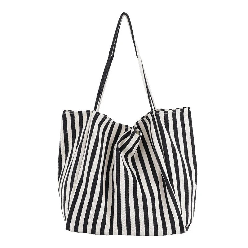 Striped Canvas Tote Bag for Women, Casual Shoulder Bag, Retro Art Handbag