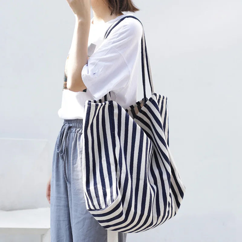 Striped Canvas Tote Bag for Women, Casual Shoulder Bag, Retro Art Handbag